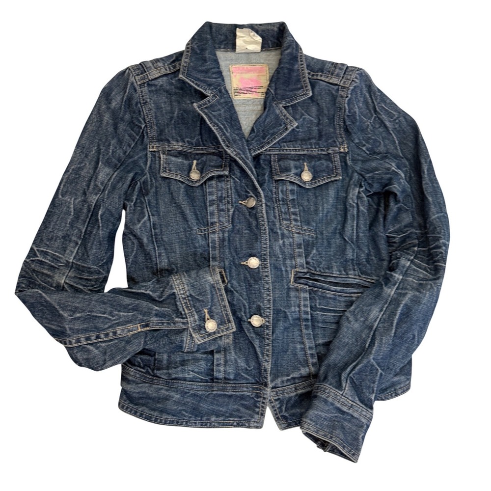 Parasuco Denim Jacket Womens Blue Dark Wash Distressed Crinkle Button Up L